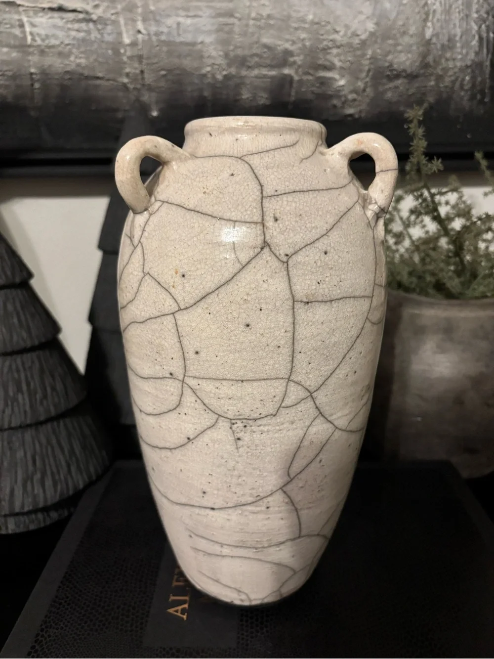 Vintage Cream Crackle-Glaze Dual-Handle Vase